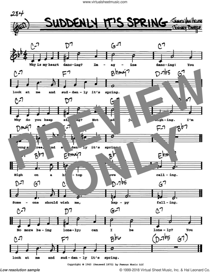 Suddenly It's Spring sheet music for voice and other instruments  by Jimmy van Heusen and John Burke, intermediate skill level
