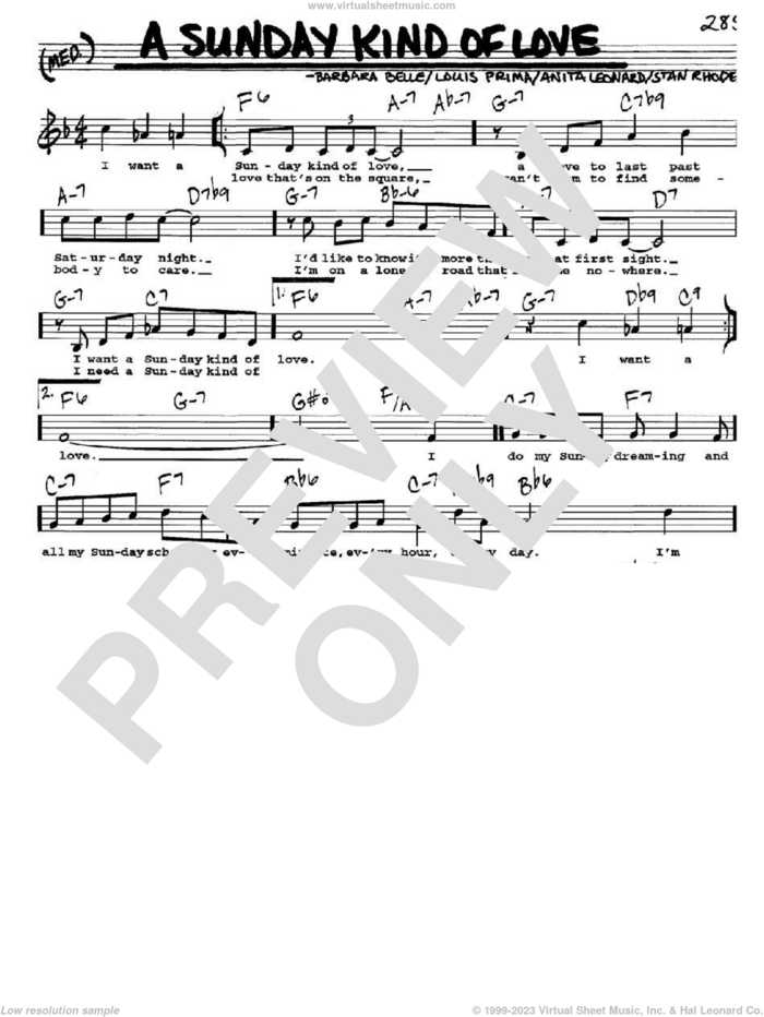A Sunday Kind Of Love sheet music for voice and other instruments  by Louis Prima, Anita Nye, Barbara Belle and Stan Rhodes, intermediate skill level