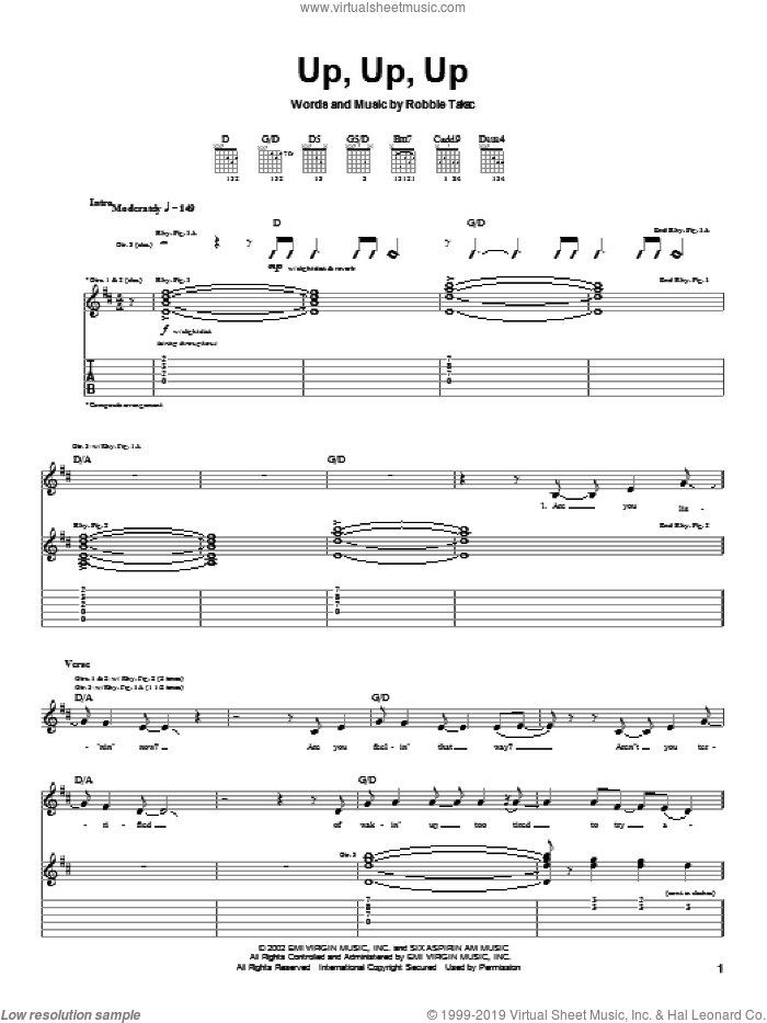 Up, Up, Up sheet music for guitar (tablature) by Goo Goo Dolls and Robbie Takac, intermediate skill level