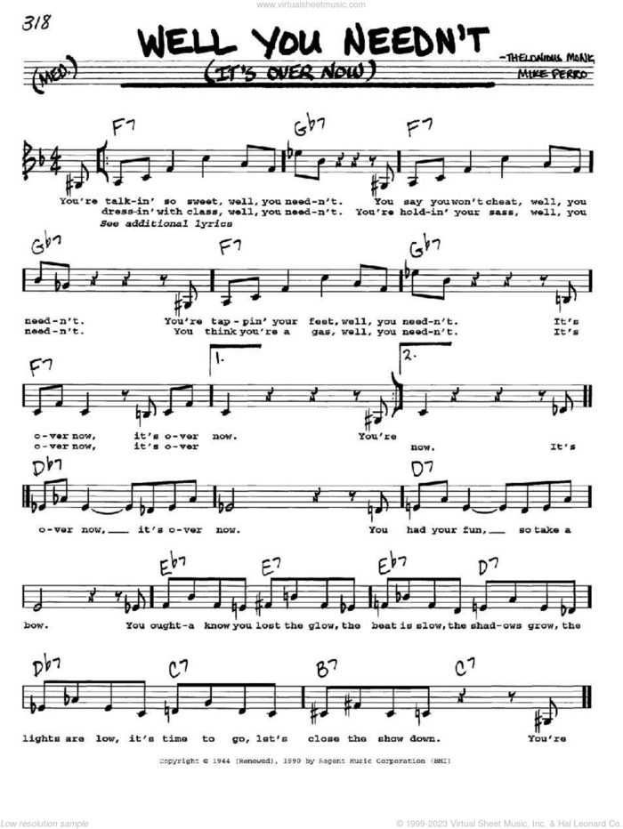 Well You Needn't (It's Over Now) sheet music for voice and other instruments  by Thelonious Monk and Mike Ferro, intermediate skill level
