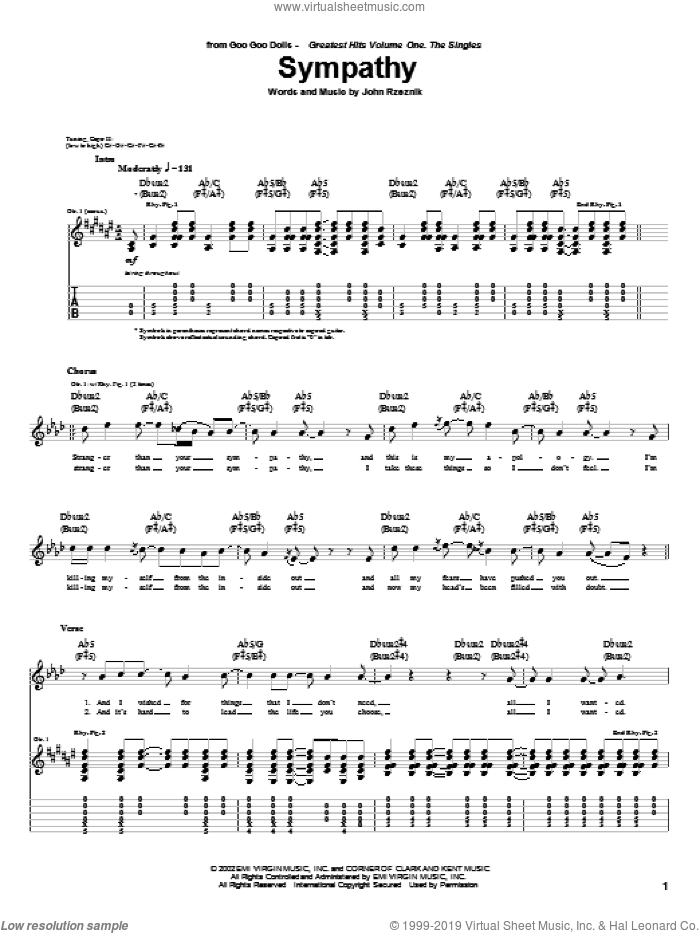 Sympathy sheet music for guitar (tablature) by Goo Goo Dolls and John Rzeznik, intermediate skill level
