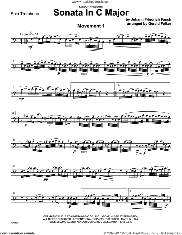 Sonata in C Major (complete set of parts) sheet music for trombone and piano by Friedrich Fasch, classical score, intermediate skill level