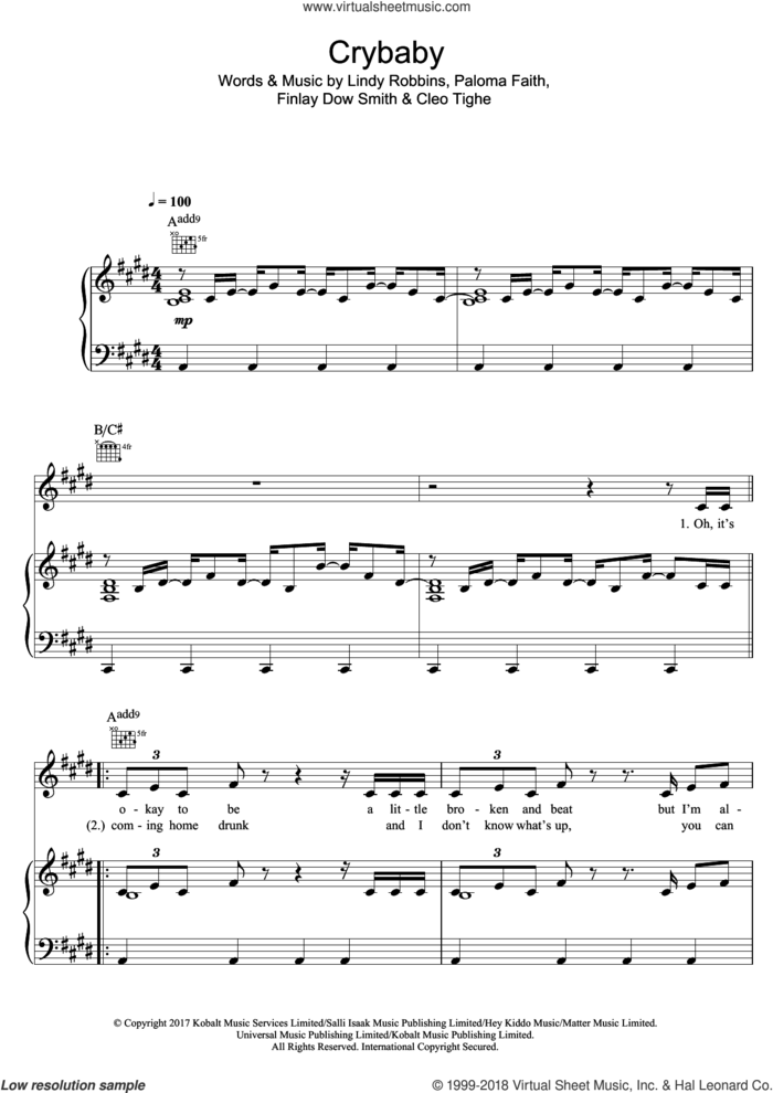 Crybaby sheet music for voice, piano or guitar by Paloma Faith, Cleo Tighe, Finlay Dow Smith and Lindy Robbins, intermediate skill level