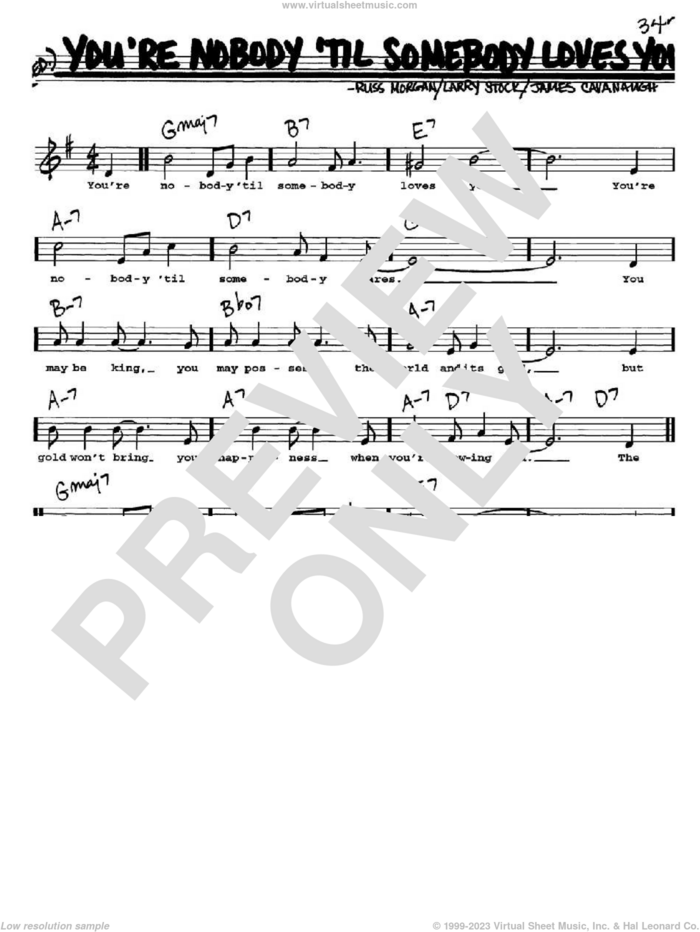 You're Nobody 'Til Somebody Loves You sheet music for voice and other instruments  by Dean Martin, Frank Sinatra, James Cavanaugh, Larry Stock and Russ Morgan, intermediate skill level