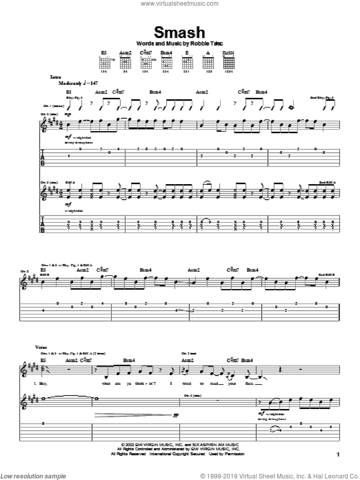 Smash sheet music for guitar (tablature) by Goo Goo Dolls and Robbie Takac, intermediate skill level