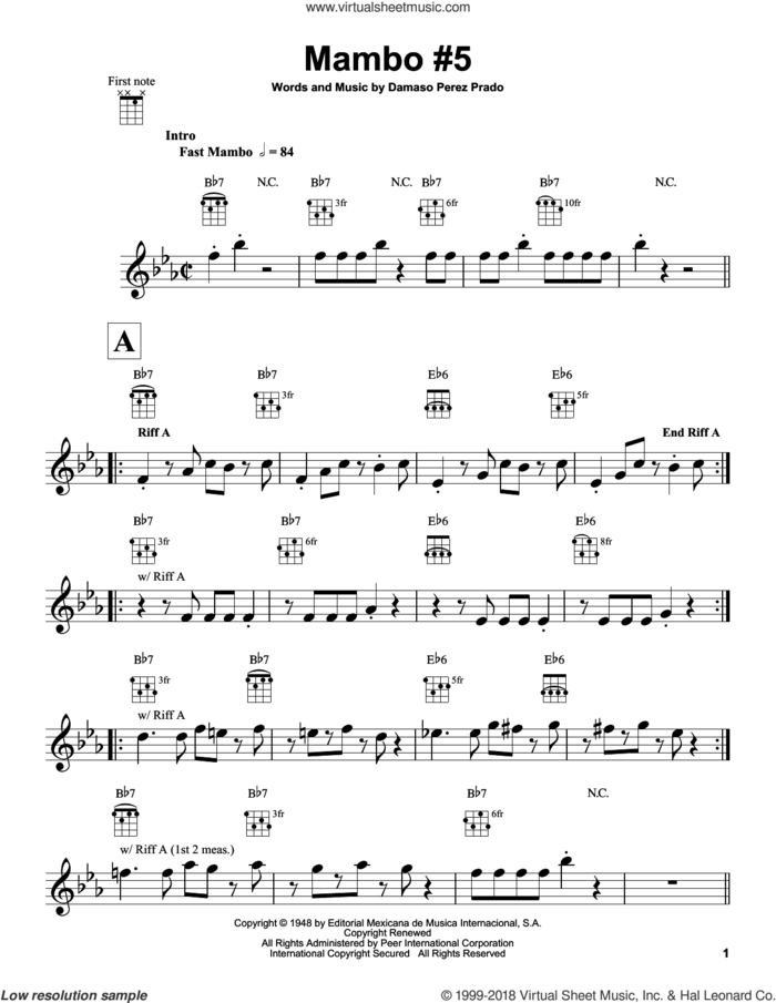 Mambo #5 sheet music for ukulele by Damaso Perez Prado and Perez Prado, intermediate skill level