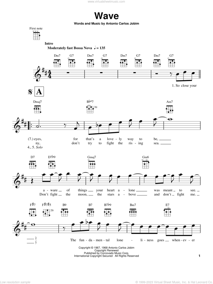 Wave sheet music for ukulele by Antonio Carlos Jobim, intermediate skill level