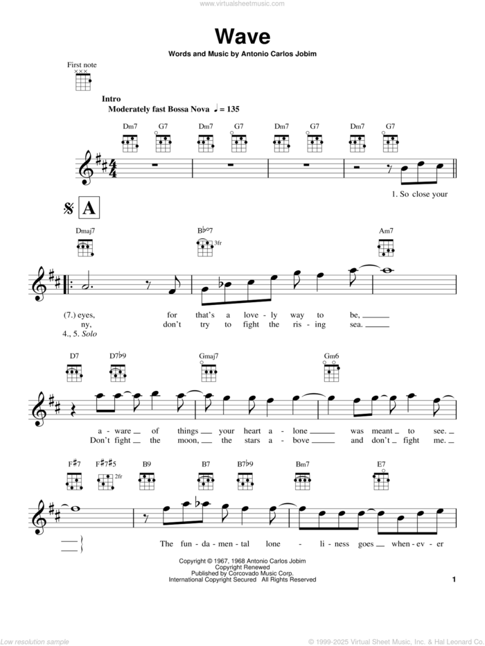 Wave sheet music for ukulele by Antonio Carlos Jobim, intermediate skill level