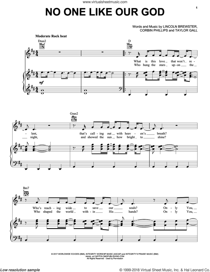 No One Like Our God sheet music for voice, piano or guitar by Lincoln Brewster, Corbin Phillips and Taylor Gall, intermediate skill level