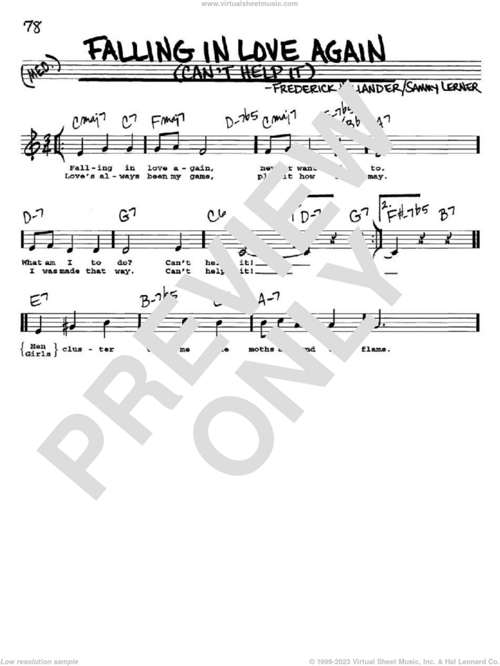 Falling In Love Again (Can't Help It) sheet music for voice and other instruments  by Marlene Dietrich, Frederick Hollander and Sammy Lerner, intermediate skill level