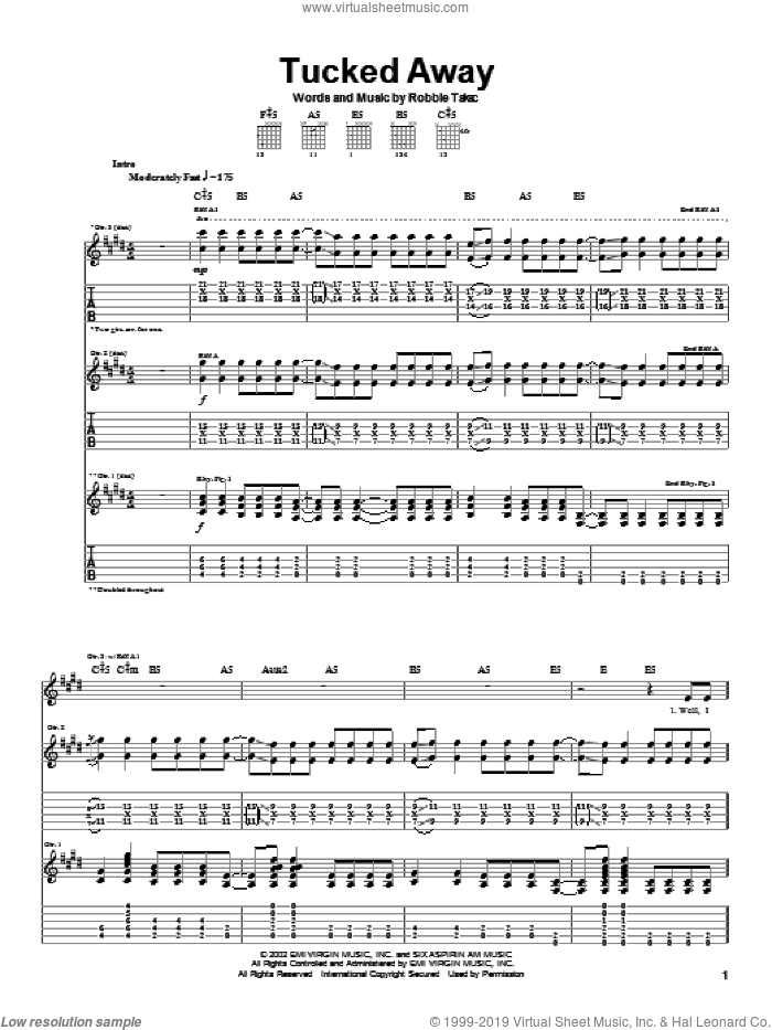 Tucked Away sheet music for guitar (tablature) by Goo Goo Dolls and Robbie Takac, intermediate skill level