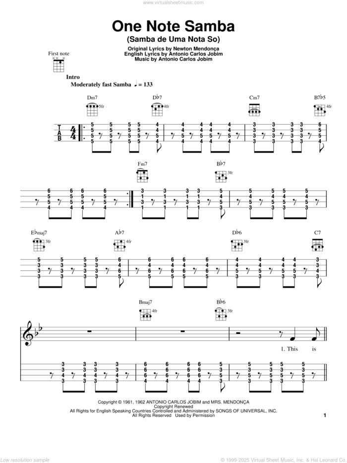 One Note Samba (Samba De Uma Nota So) sheet music for ukulele by Antonio Carlos Jobim and Newton Mendonca, intermediate skill level