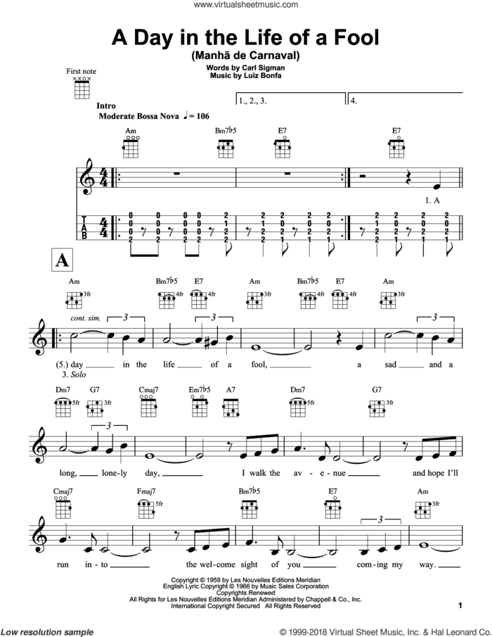 A Day In The Life Of A Fool (Manha De Carnaval) sheet music for ukulele by Carl Sigman and Luiz Bonfa, intermediate skill level