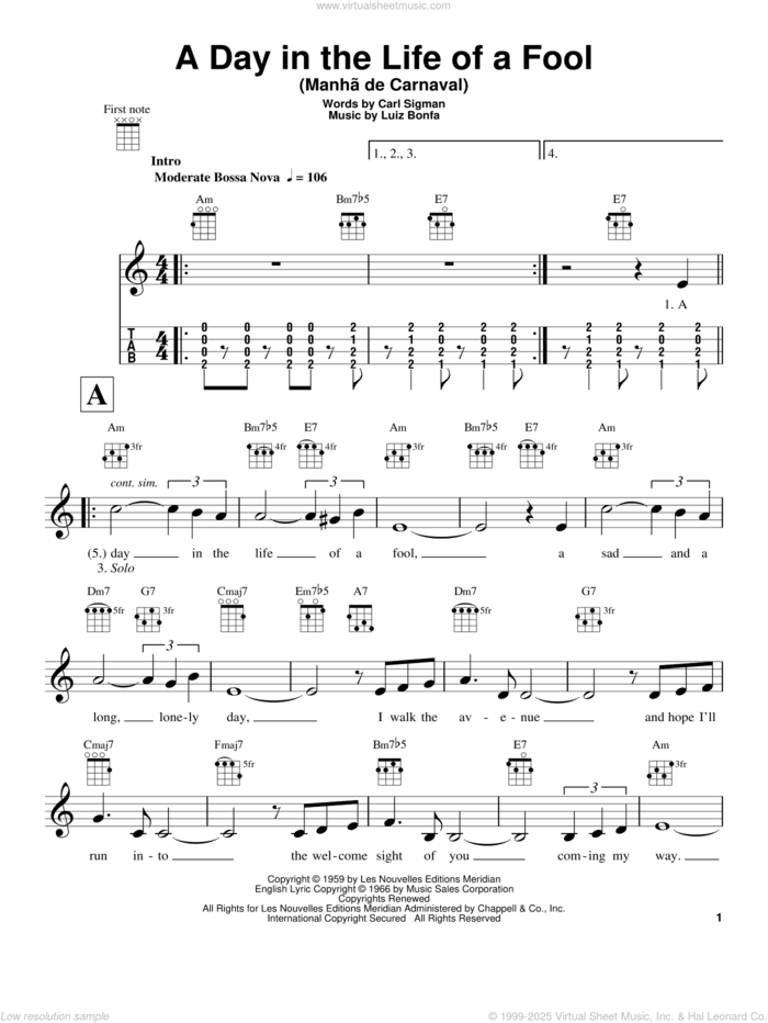 A Day In The Life Of A Fool (Manha De Carnaval) sheet music for ukulele by Carl Sigman and Luiz Bonfa, intermediate skill level