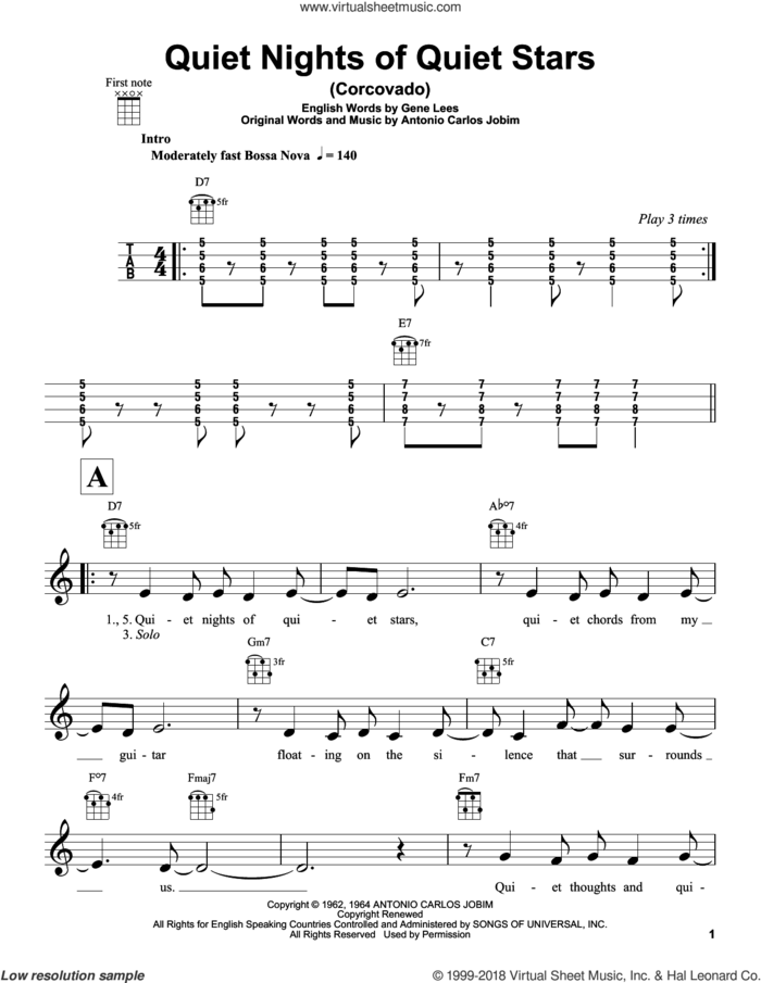 Quiet Nights Of Quiet Stars (Corcovado) sheet music for ukulele by Antonio Carlos Jobim, Andy Williams and Eugene John Lees, intermediate skill level