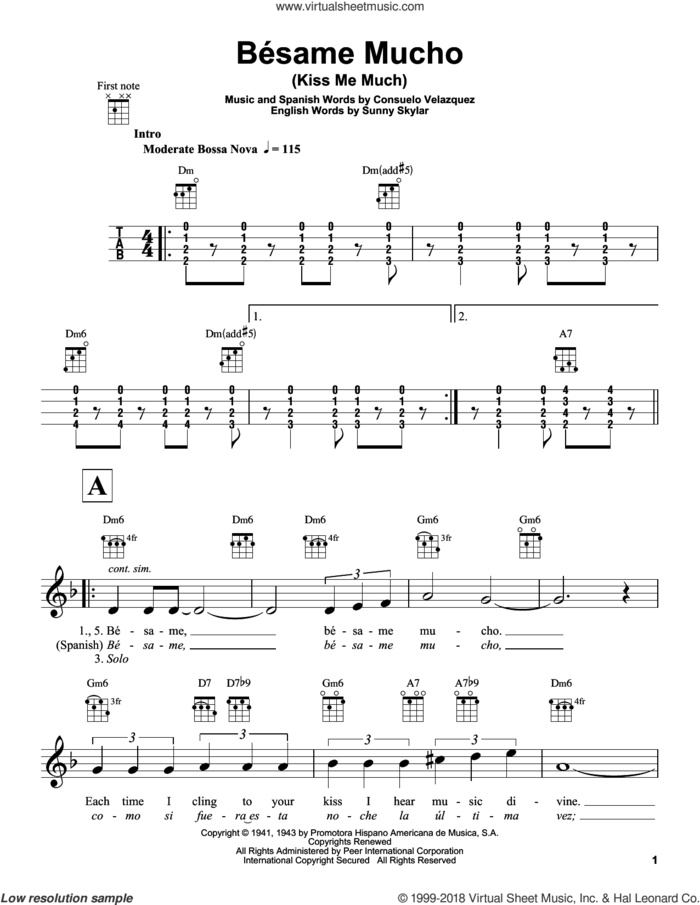 Besame Mucho (Kiss Me Much) sheet music for ukulele by Consuelo Velazquez, intermediate skill level
