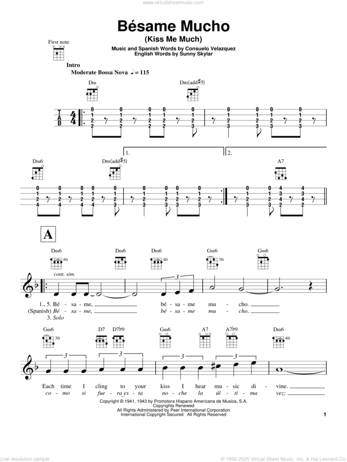 Besame Mucho (Kiss Me Much) sheet music for ukulele by Consuelo Velazquez, intermediate skill level