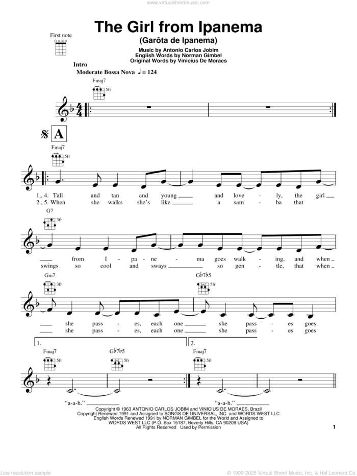 The Girl From Ipanema (Garota De Ipanema) sheet music for ukulele by Norman Gimbel, Antonio Carlos Jobim and Vinicius de Moraes, intermediate skill level