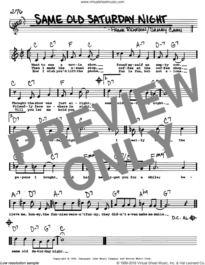 Same Old Saturday Night sheet music for voice and other instruments  by Sammy Cahn and Frank Reardon, intermediate skill level