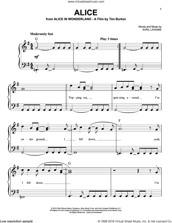 Alice sheet music for piano solo by Avril Lavigne, easy skill level
