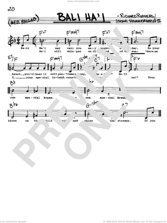 Bali Ha'i sheet music for voice and other instruments  by Rodgers & Hammerstein, Oscar II Hammerstein and Richard Rodgers, intermediate skill level
