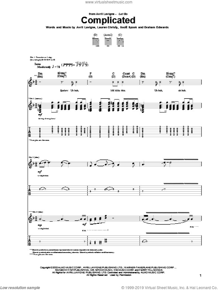 Complicated sheet music for guitar (tablature) by Avril Lavigne, Graham Edwards and Lauren Christy, intermediate skill level