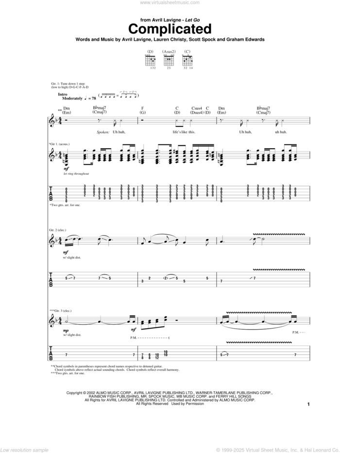 Complicated sheet music for guitar (tablature) by Avril Lavigne, Graham Edwards and Lauren Christy, intermediate skill level