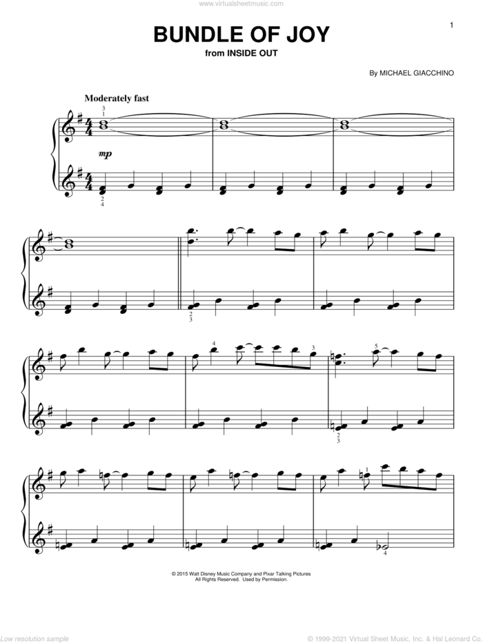 Bundle Of Joy sheet music for piano solo by Michael Giacchino, easy skill level