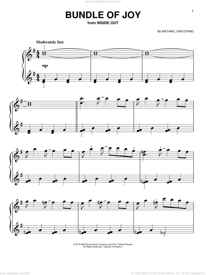 Bundle Of Joy sheet music for piano solo by Michael Giacchino, easy skill level