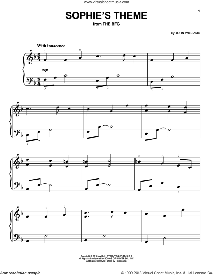 Sophie's Theme sheet music for piano solo by John Williams, easy skill level