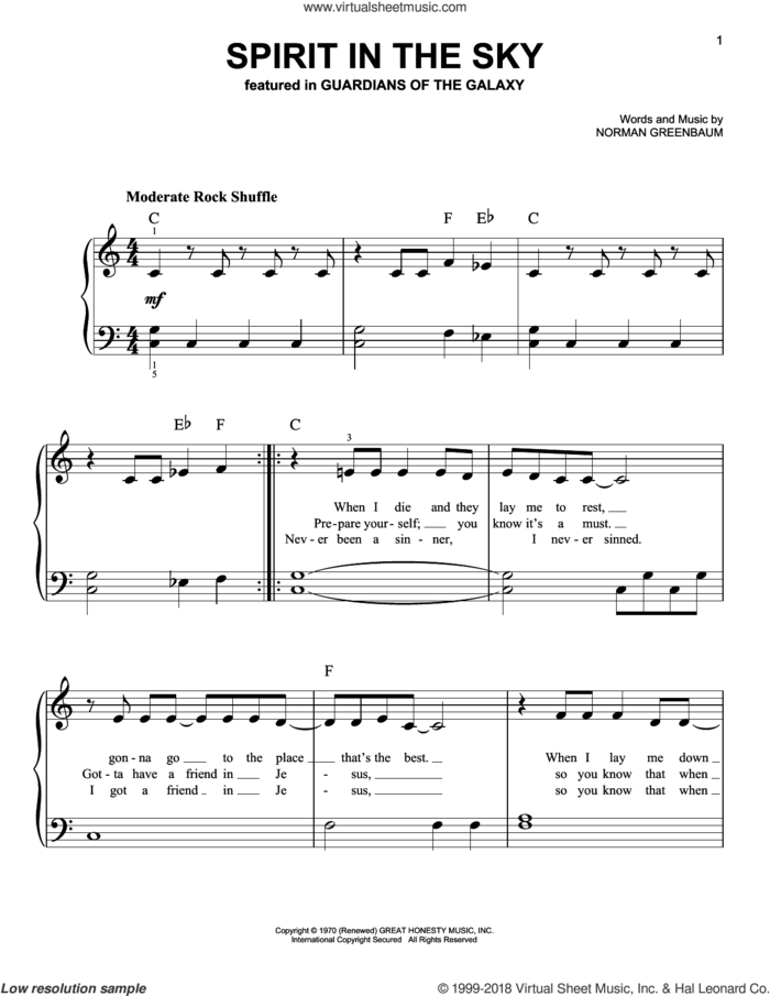 Spirit In The Sky sheet music for piano solo by Norman Greenbaum and dc Talk, easy skill level