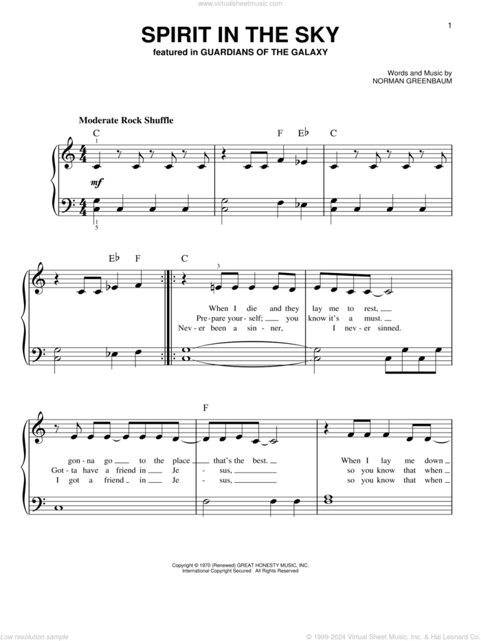 Spirit In The Sky sheet music for piano solo by Norman Greenbaum and dc Talk, easy skill level