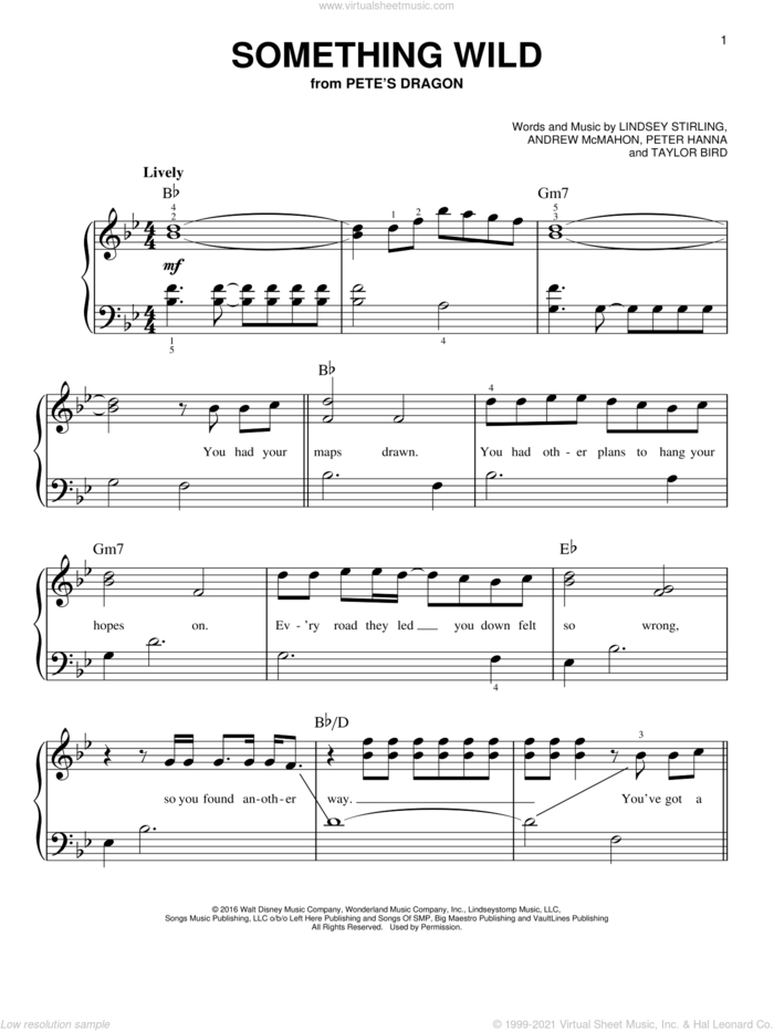 Something Wild sheet music for piano solo by Lindsey Stirling, Andrew McMahon, Peter Hanna and Taylor Bird, easy skill level