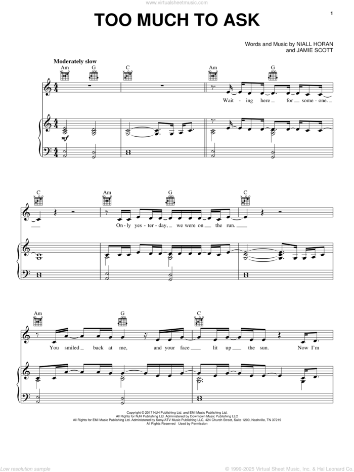 Too Much To Ask sheet music for voice, piano or guitar by Niall Horan and Jamie Scott, intermediate skill level