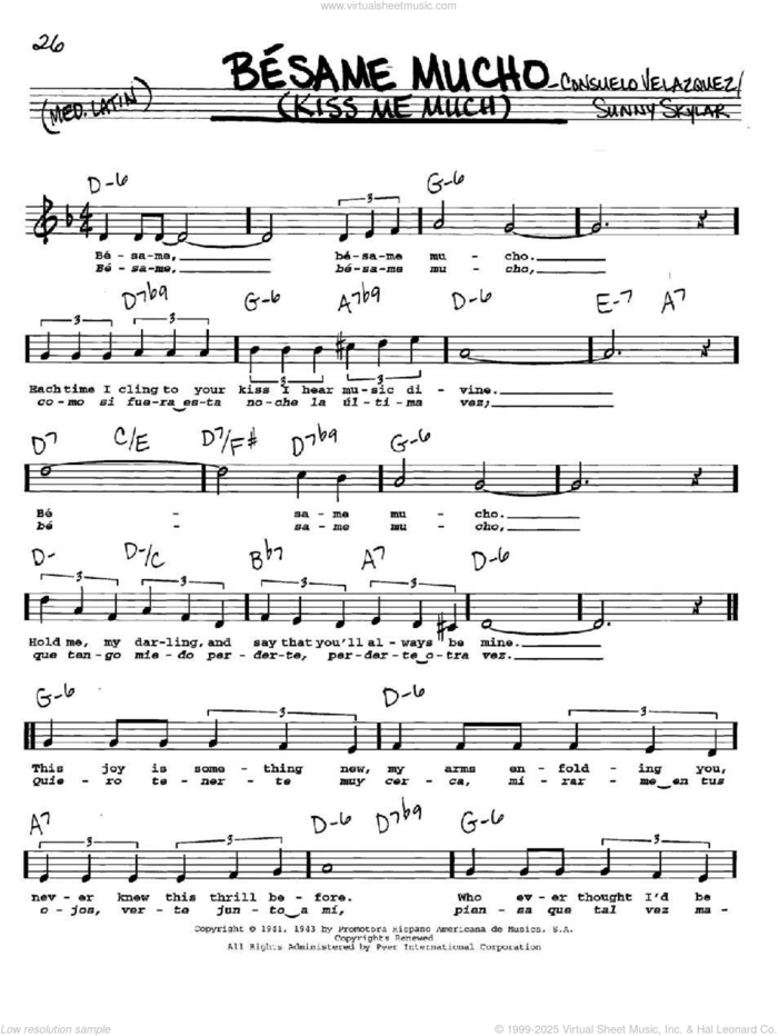 Besame Mucho (Kiss Me Much) sheet music for voice and other instruments  by Consuelo Velazquez and Sunny Skylar, intermediate skill level