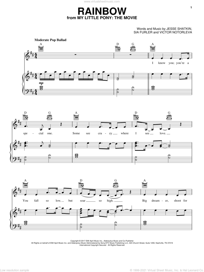 Rainbow sheet music for voice, piano or guitar by Sia, Daniel Ingram and Sia Furler, intermediate skill level