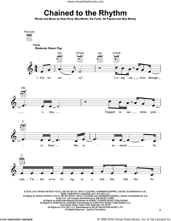 Chained To The Rhythm sheet music for ukulele by Katy Perry, Ali Payami, Max Martin, Sia Furler and Skip Marley, intermediate skill level