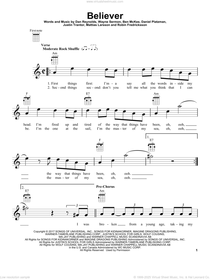 Believer sheet music for ukulele by Imagine Dragons, Ben McKee, Dan Reynolds, Daniel Platzman, Justin Tranter, Mattias Larsson, Robin Fredriksson and Wayne Sermon, intermediate skill level