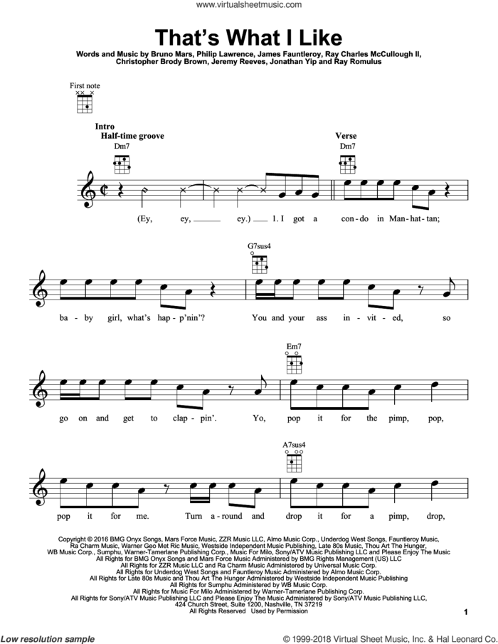 That's What I Like sheet music for ukulele by Bruno Mars, Christopher Brody Brown, James Fauntleroy, Jeremy Reeves, Jonathan Yip, Philip Lawrence, Ray Charles McCullough II and Ray Romulus, intermediate skill level