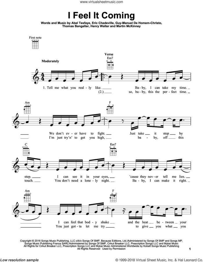I Feel It Coming sheet music for ukulele by The Weeknd feat. Daft Punk, Abel Tesfaye, Eric Chedeville, Guy-Manuel de Homem-Christo, Henry Walter, Martin McKinney and Thomas Bangalter, intermediate skill level