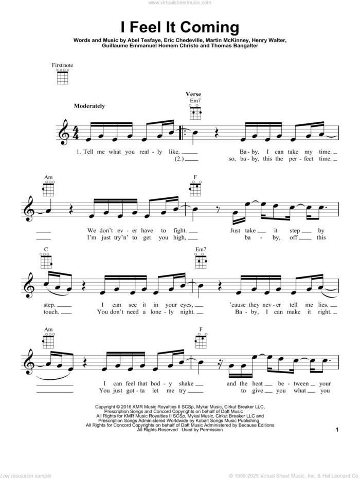 I Feel It Coming sheet music for ukulele by The Weeknd feat. Daft Punk, Abel Tesfaye, Eric Chedeville, Guy-Manuel de Homem-Christo, Henry Walter, Martin McKinney and Thomas Bangalter, intermediate skill level