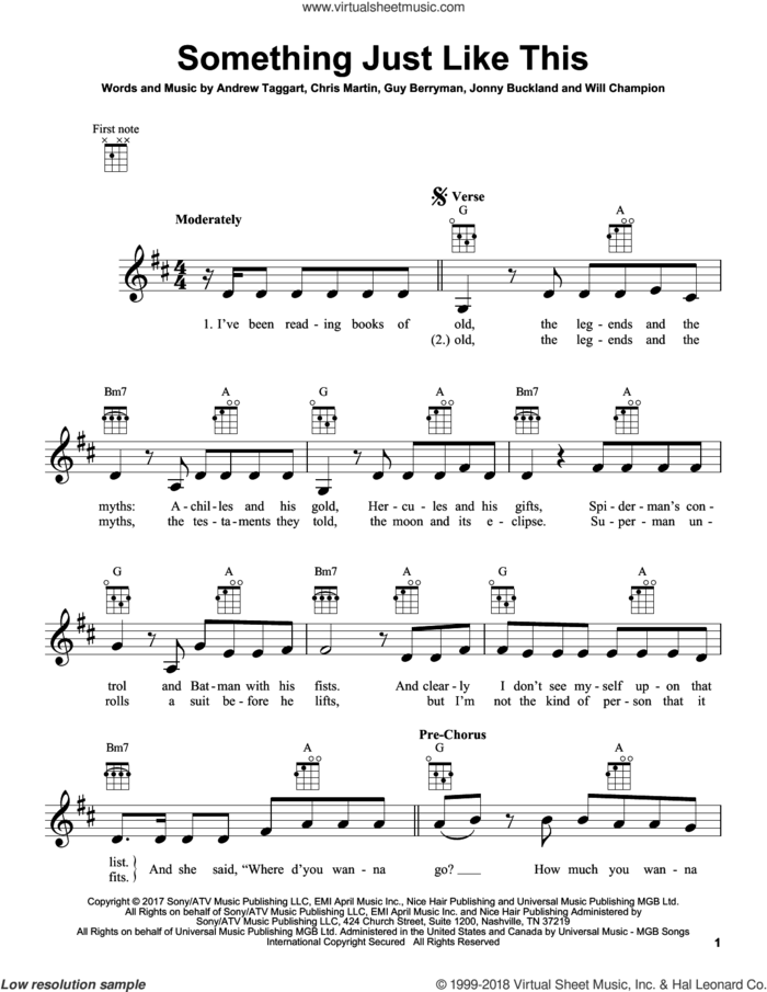 Something Just Like This sheet music for ukulele by The Chainsmokers & Coldplay, Andrew Taggart, Chris Martin, Guy Berryman, Jonny Buckland and Will Champion, intermediate skill level