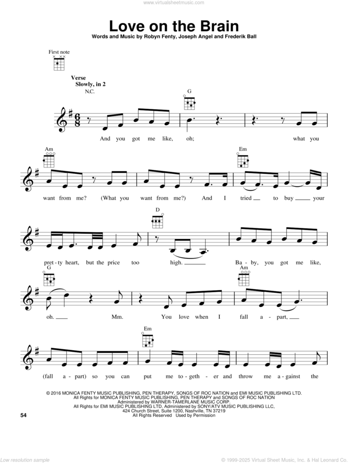 Love On The Brain sheet music for ukulele by Rihanna, Frederik Ball, Joseph Angel and Robyn Fenty, intermediate skill level