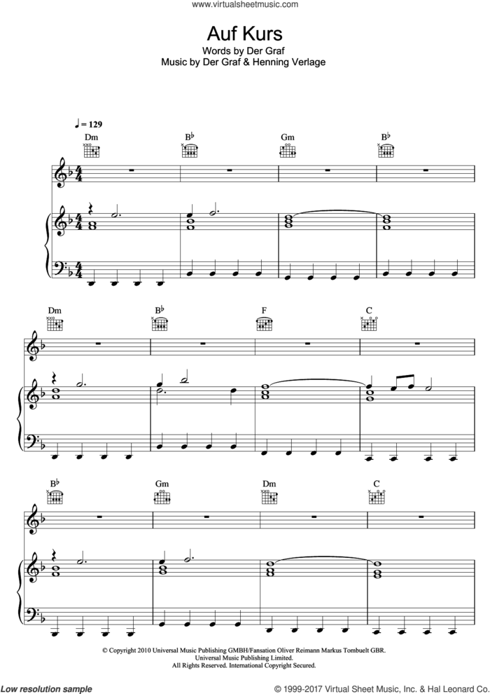 Auf Kurs sheet music for voice, piano or guitar by Unheilig, Der Graf and Henning Verlage, intermediate skill level