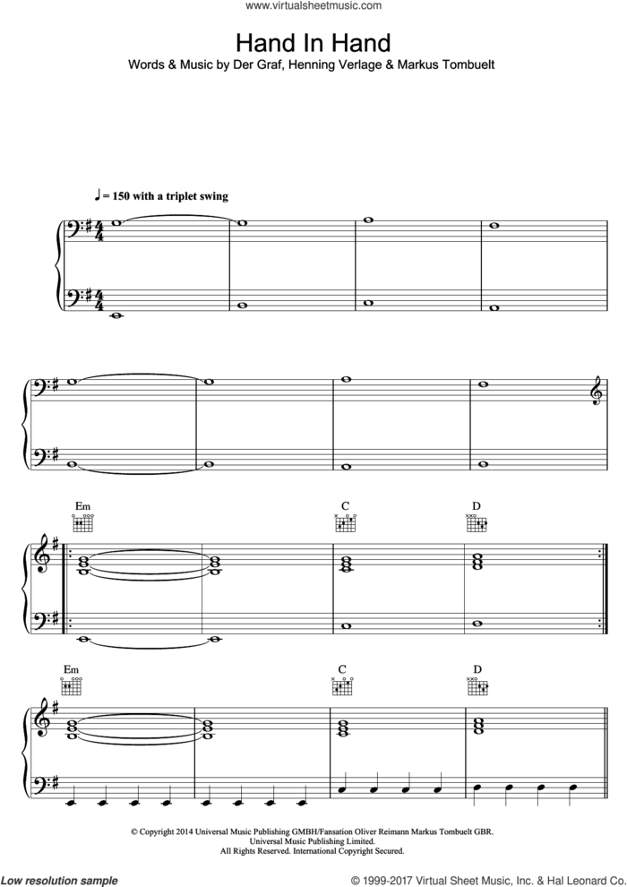 Hand In Hand sheet music for voice, piano or guitar by Unheilig, Der Graf, Henning Verlage and Markus Tombuelt, intermediate skill level