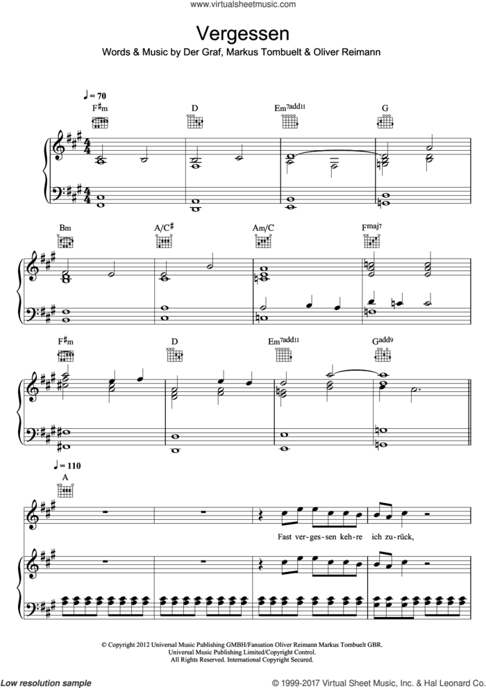 Vergessen sheet music for voice, piano or guitar by Unheilig, Der Graf, Markus Tombuelt and Oliver Reimann, intermediate skill level