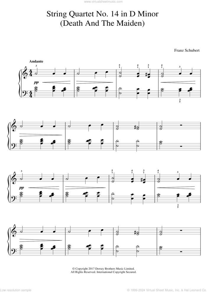 String Quartet No. 14 in D Minor (Death And The Maiden) sheet music for piano solo by Franz Schubert, classical score, easy skill level