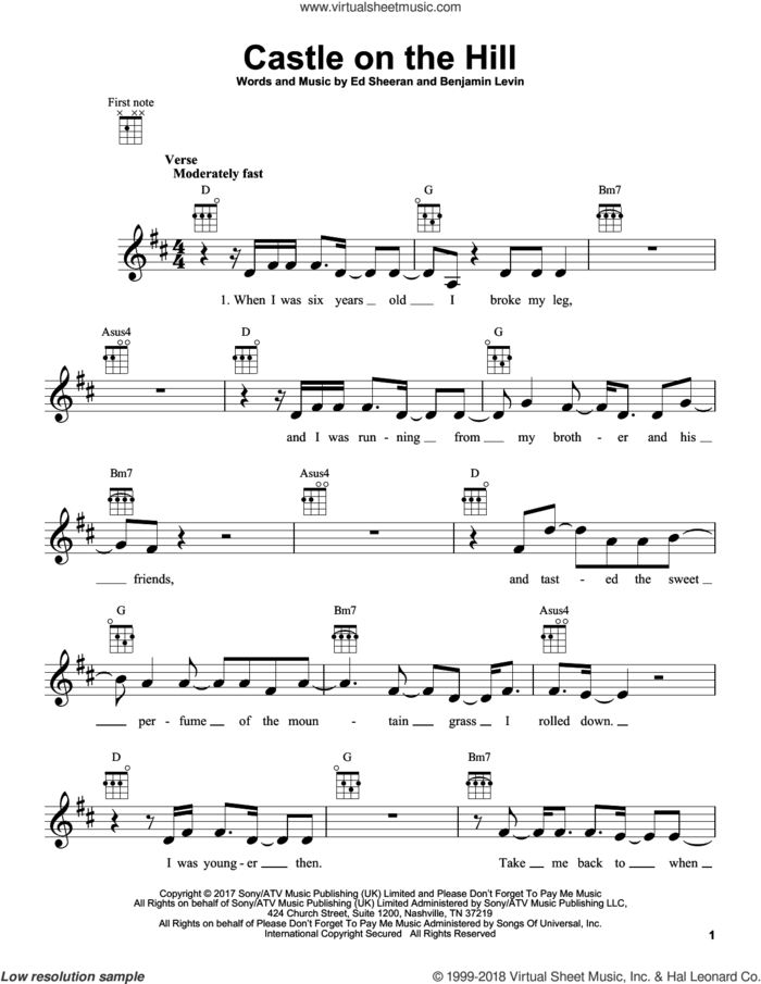 Castle On The Hill sheet music for ukulele by Ed Sheeran and Benjamin Levin, intermediate skill level