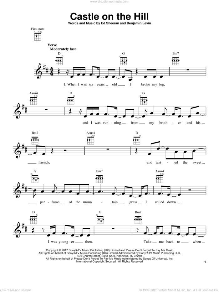 Castle On The Hill sheet music for ukulele by Ed Sheeran and Benjamin Levin, intermediate skill level