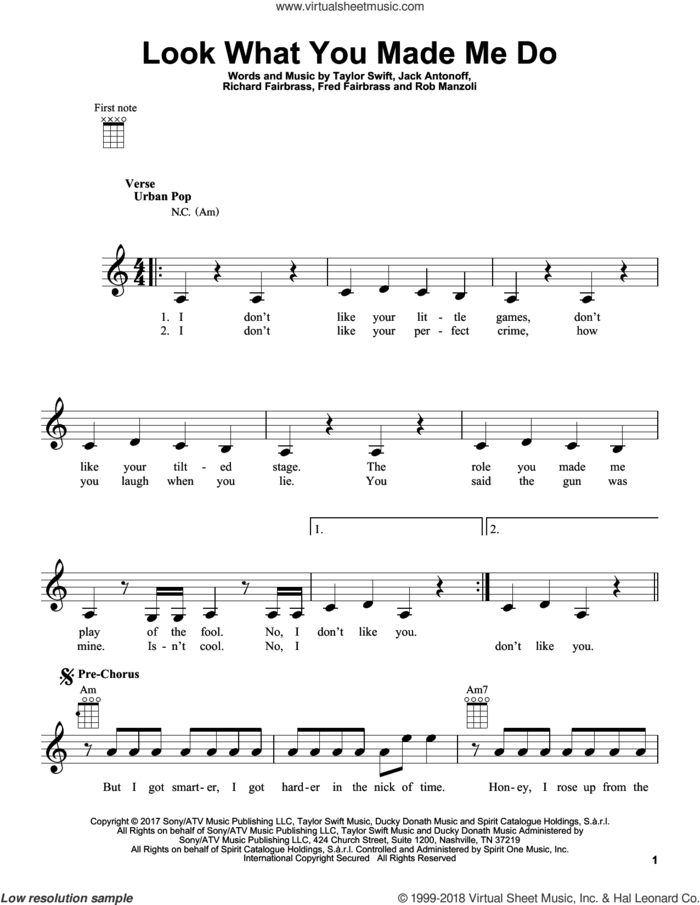Look What You Made Me Do sheet music for ukulele by Taylor Swift, Fred Fairbrass, Jack Antonoff, Richard Fairbrass and Rob Manzoli, intermediate skill level